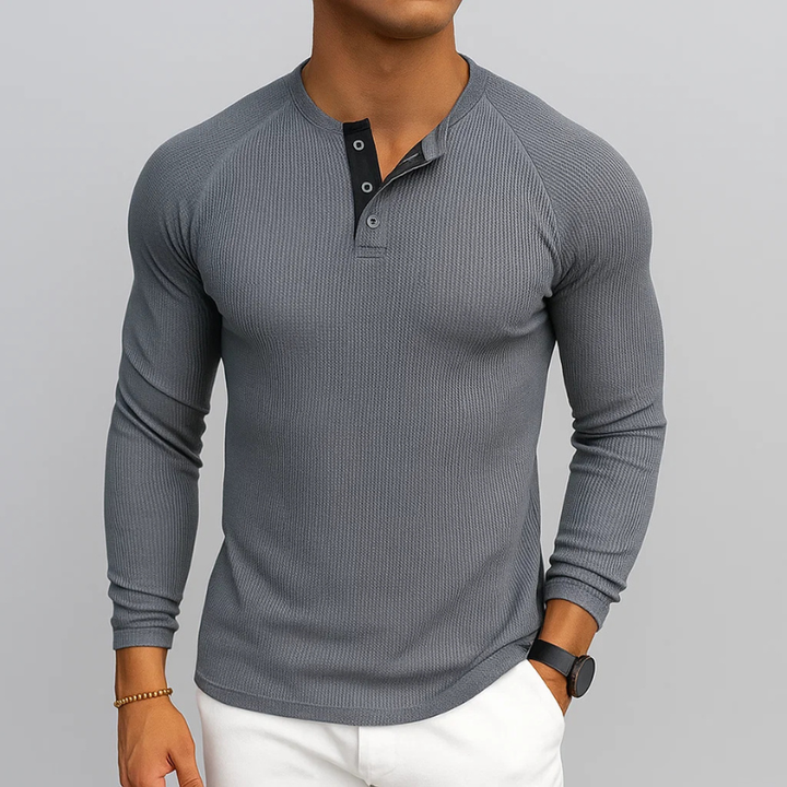 Comfortable men's long sleeve henley shirt with classic button placket. Essential casual wear for men.