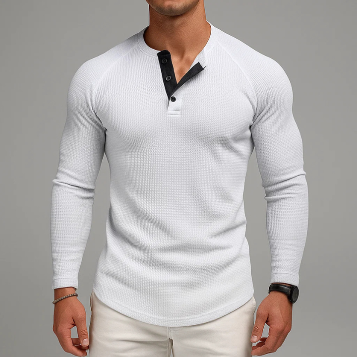 Versatile men's long sleeve henley tee. Comfortable, classic style basic shirt for fall fashion.