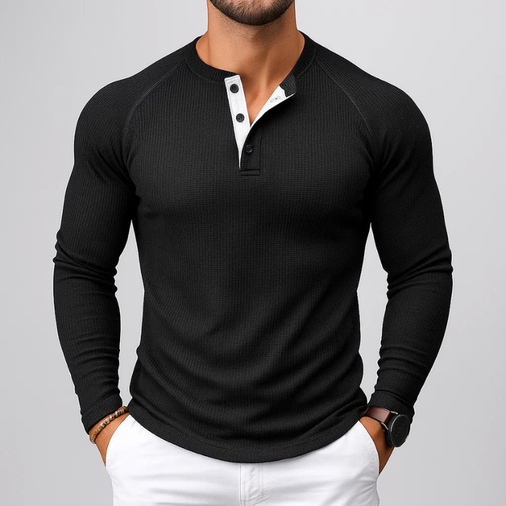 Relaxed fit men's long sleeve henley shirt for ultimate comfort. Perfect basic tee for daily wear.