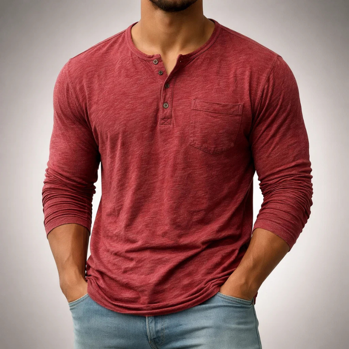 Stylish men's long sleeve henley shirt, a comfortable & versatile top perfect for any casual occasion.