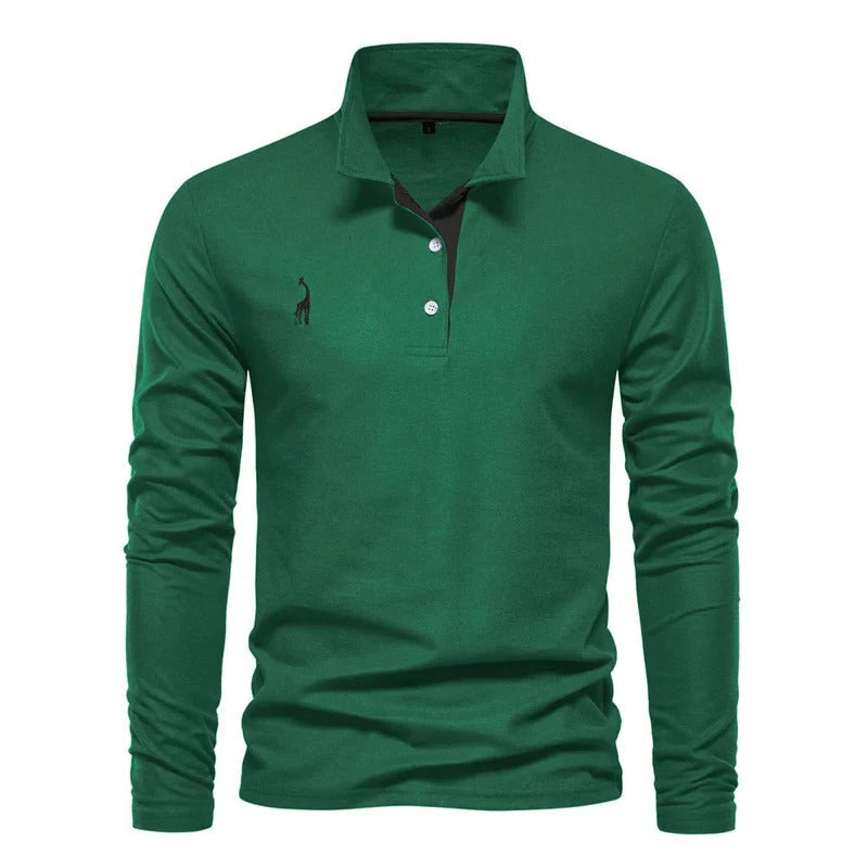 Men's long sleeve polo shirt with embroidered deer motif, a stylish & comfortable casual top.