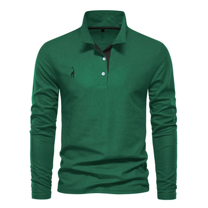Men's long sleeve polo shirt with embroidered deer motif, a stylish & comfortable casual top.