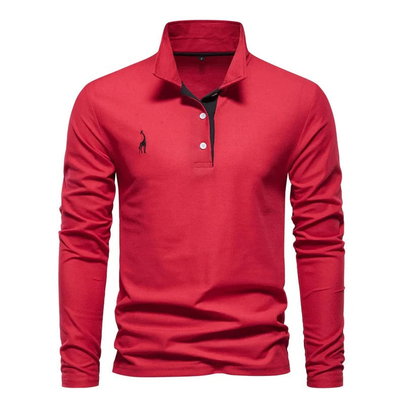 Embroidered men's long sleeve polo with deer motif, a comfortable & elegant business casual shirt.