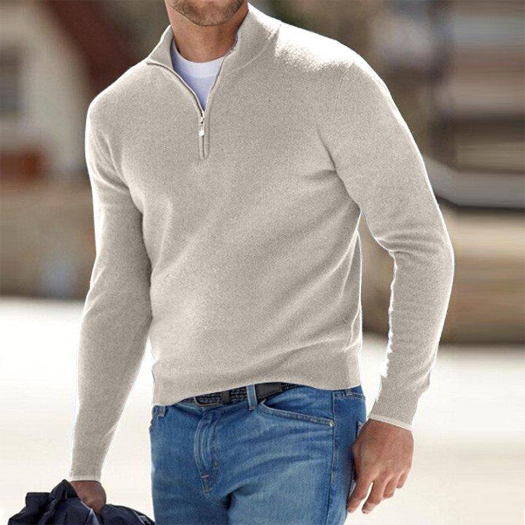 Soft knit men's zip-up sweater, offering ultimate comfort and casual style for all-season fashion.