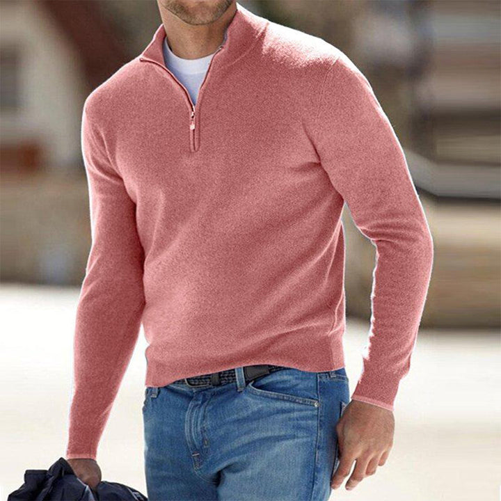 Stylish men's comfortable zip sweater, designed for easy wear and adaptable casual looks.