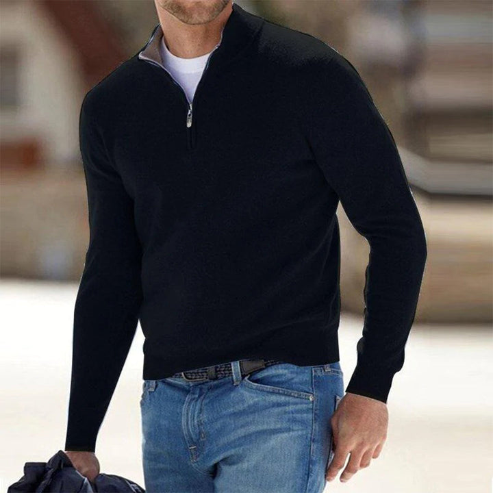 Breathable men's zip sweater, providing comfortable warmth and versatile style for year-round wear.
