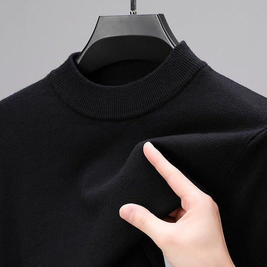 Versatile men's mock neck pullover sweater, perfect for layering or stand-alone modern fall and winter style.