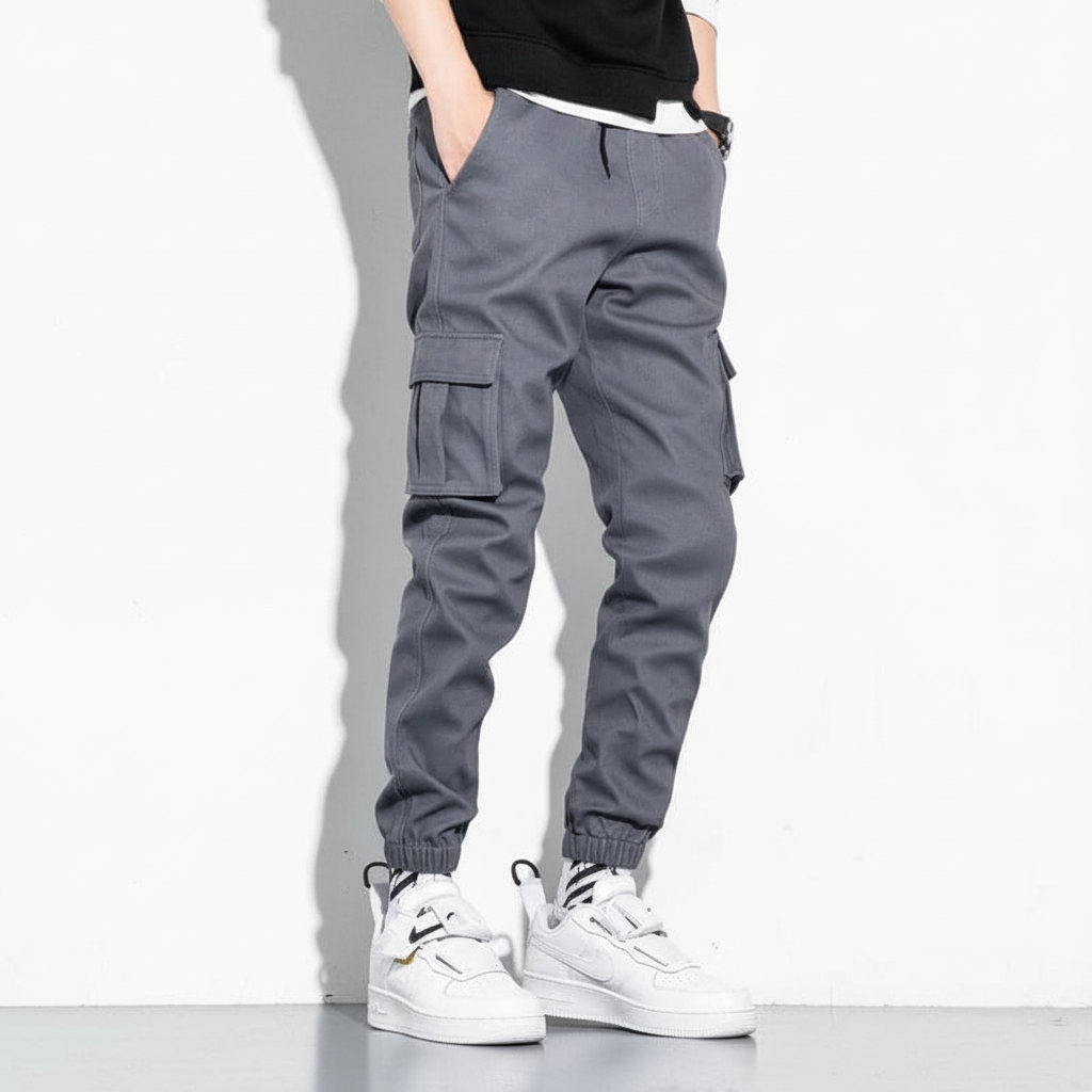 Durable men's khaki cargo pants with multiple pockets, perfect for everyday comfort.