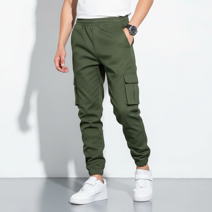 Khaki utility cargo trousers for men, designed for comfort and practicality.