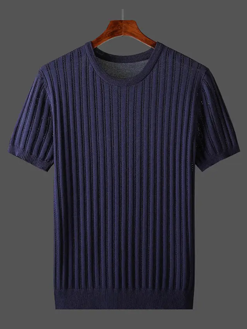 Close-up of ribbed texture on men's tee. Premium, soft fabric for ultimate comfort.