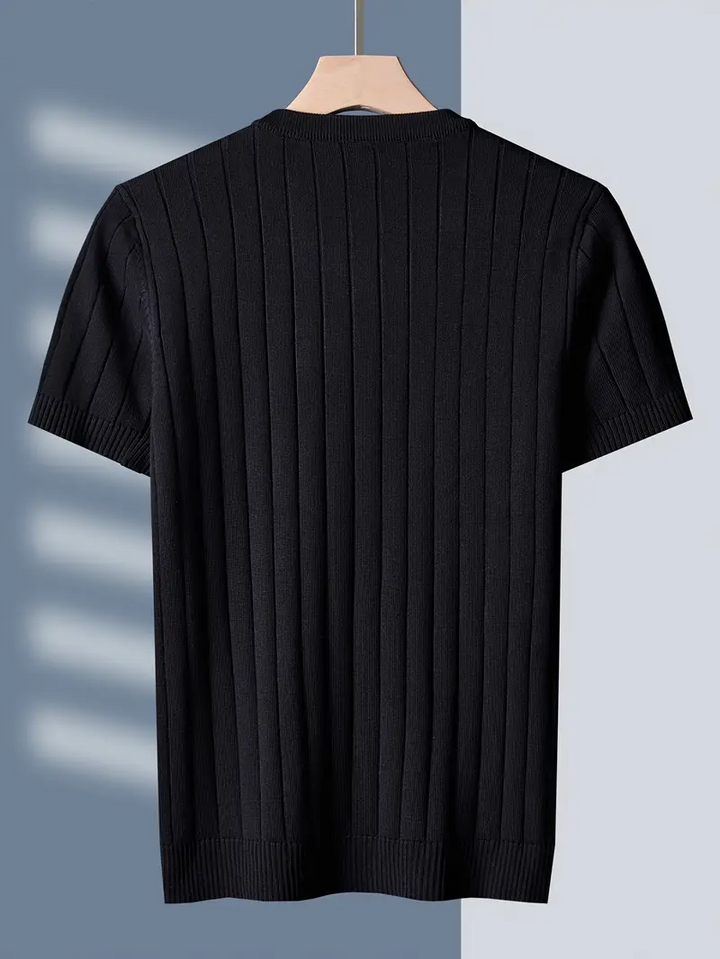 Front view: Men's ribbed tee. Classic short sleeve, comfortable and stylish everyday wear.