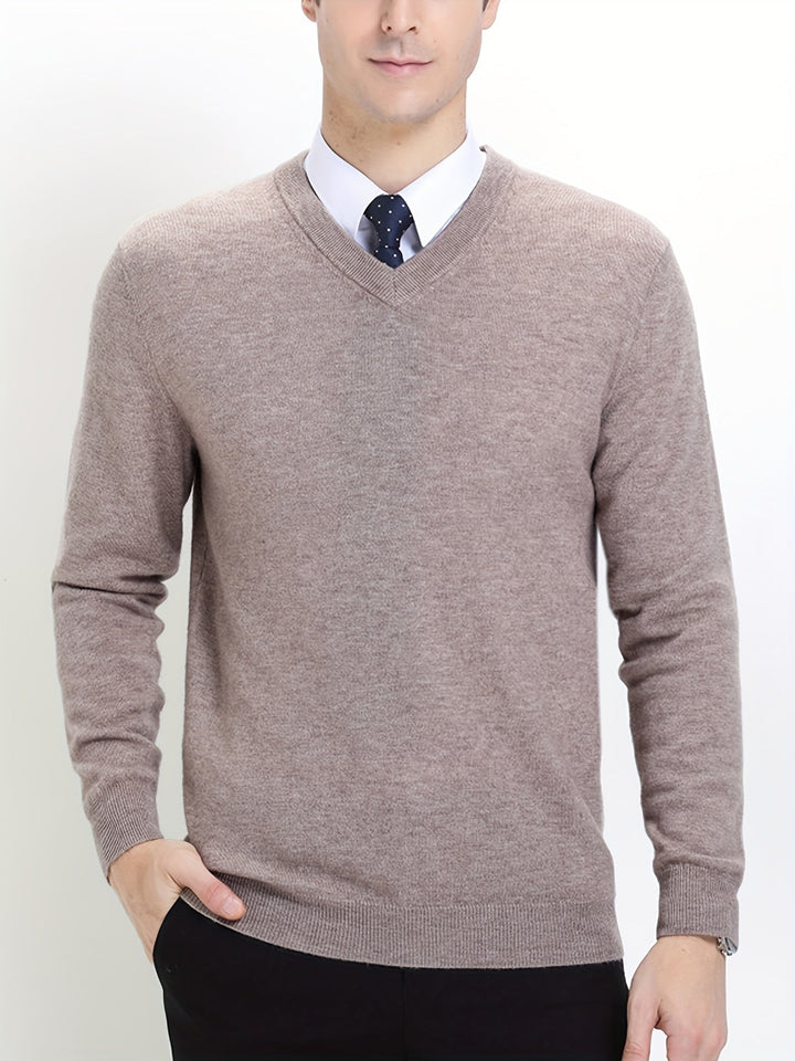 Classic men's round neck knitted sweater. Versatile long sleeve top for fall and spring fashion.
