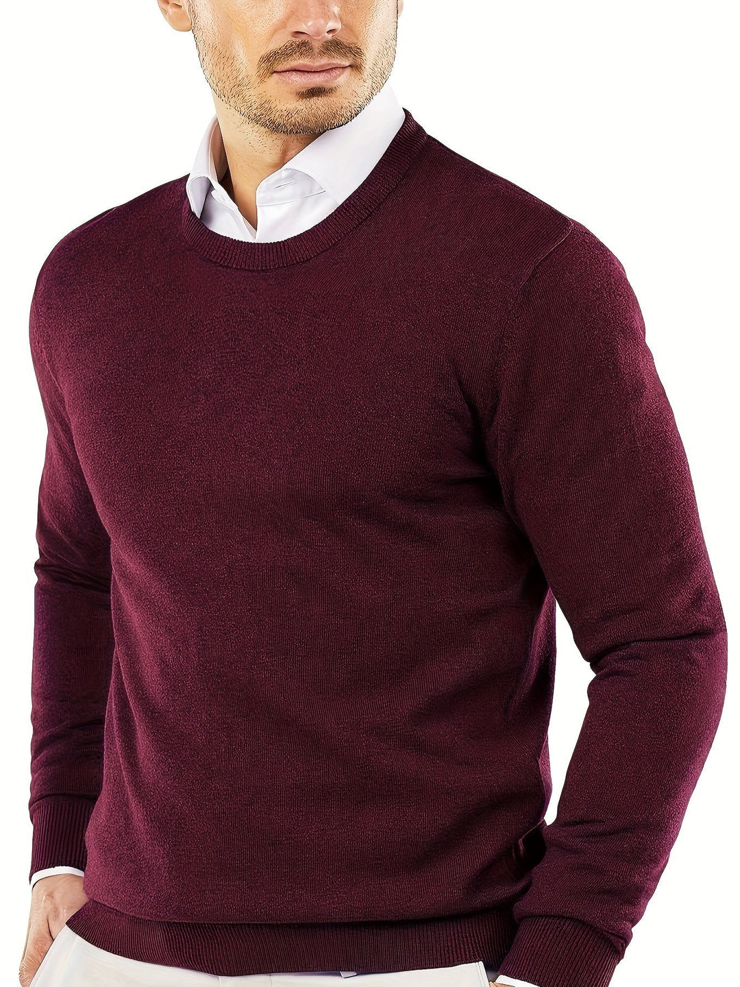 Cozy men's round neck knitted sweater. Ideal for fall fashion, offering warmth & timeless style.