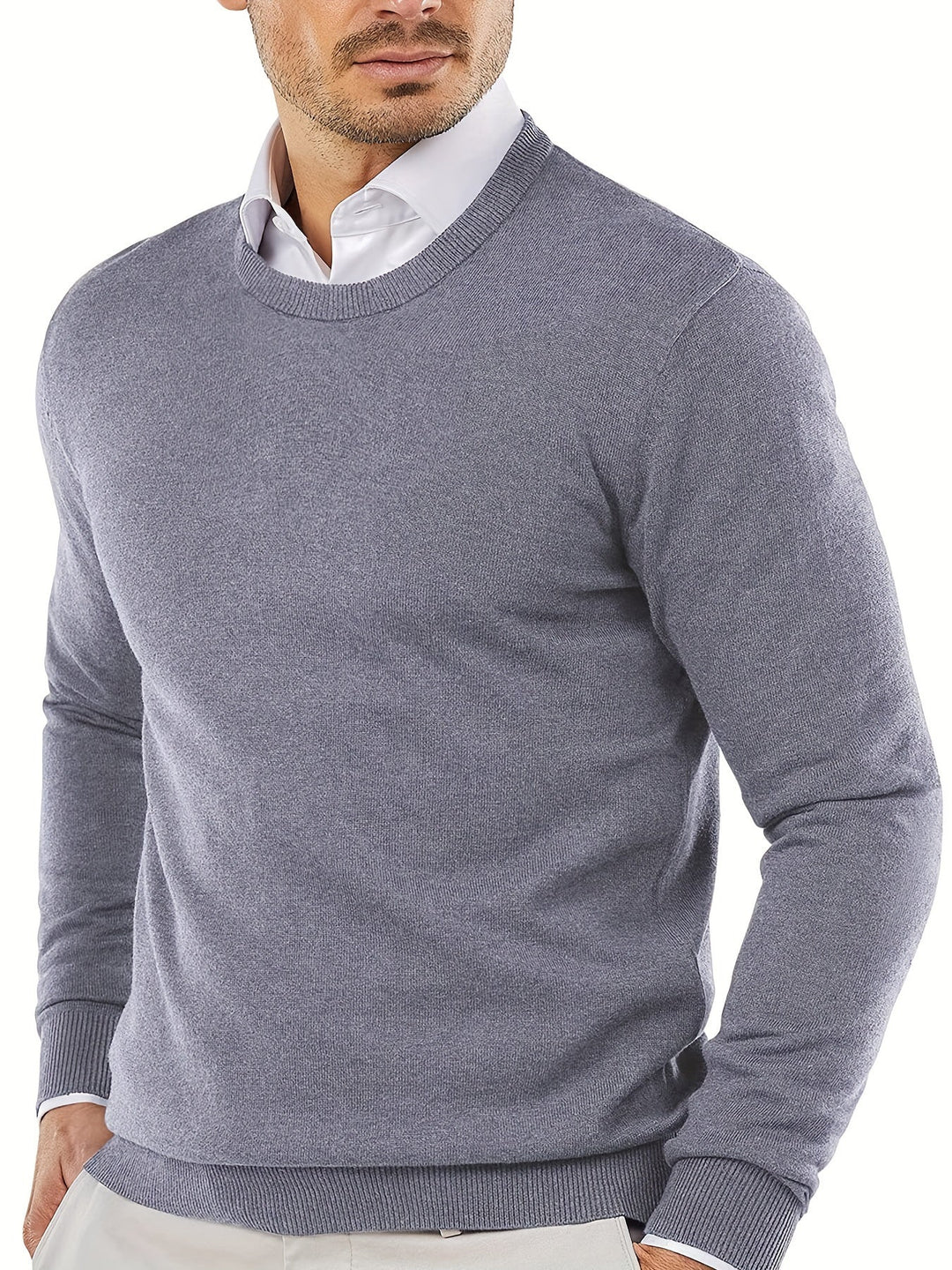 Stylish men's round neck sweater. Lightweight knitted top, perfect for spring casual outfits.