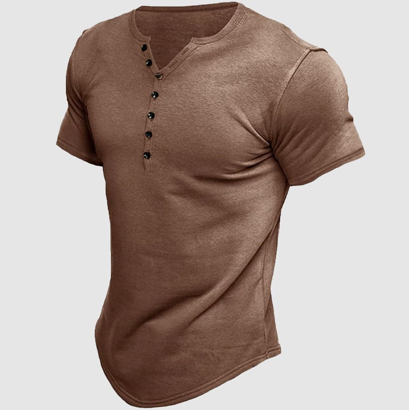 Stylish men's short sleeve Henley, perfect casual top for summer and warm weather. Versatile men's fashion.