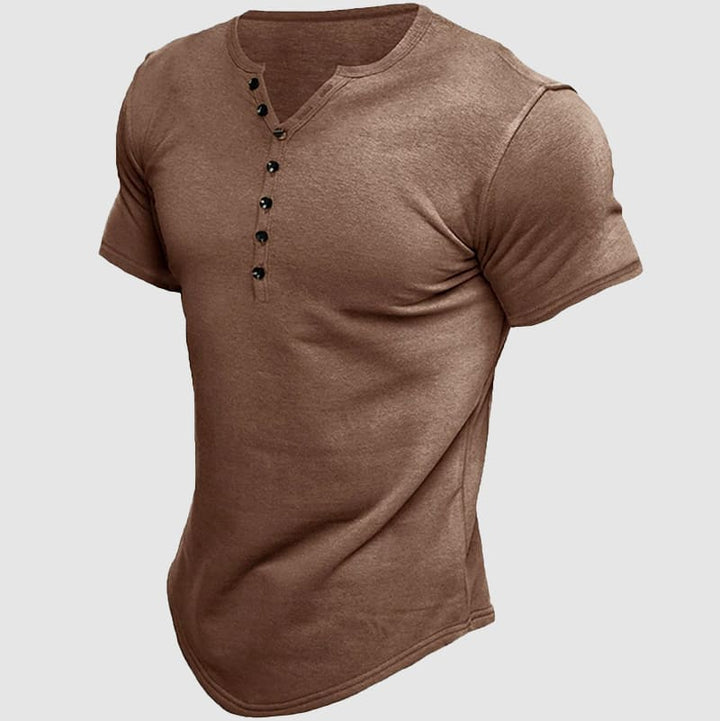 Stylish men's short sleeve Henley, perfect casual top for summer and warm weather. Versatile men's fashion.