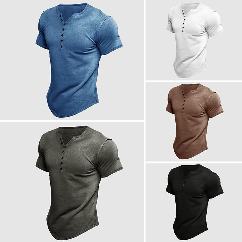 Men's short sleeve Henley top, designed for casual comfort. Versatile summer shirt & everyday men's wear.