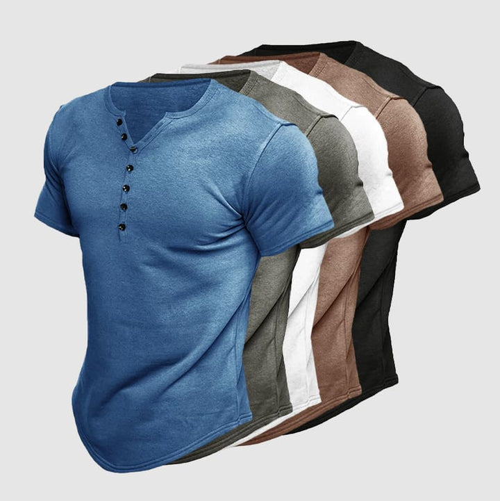 Comfortable men's short sleeve Henley shirt, perfect as a layering piece or stand-alone casual top.