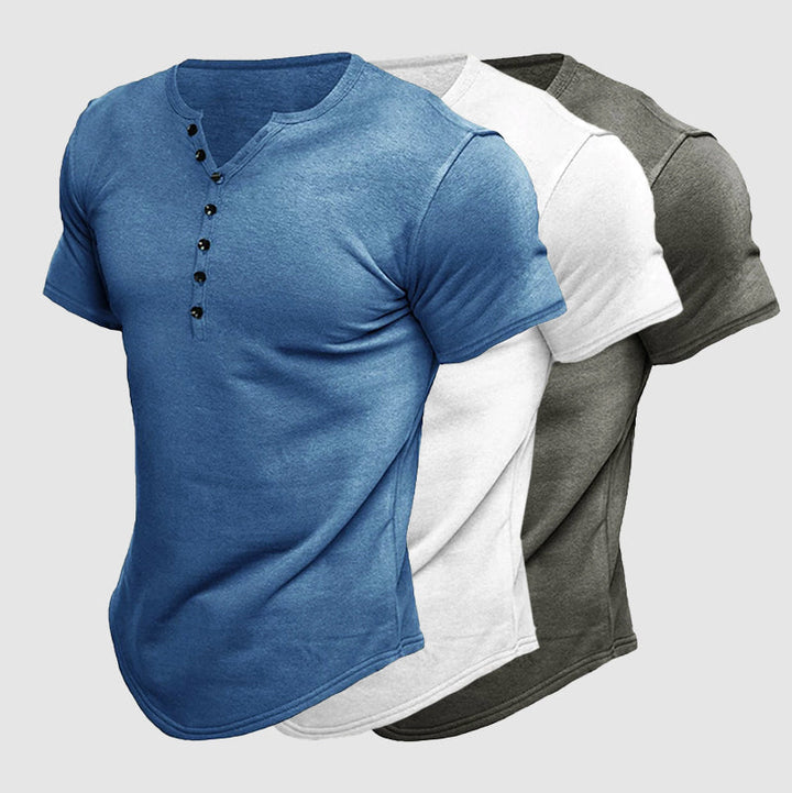 Modern men's short sleeve Henley, a stylish & comfortable casual shirt. Essential men's fashion for everyday wear.