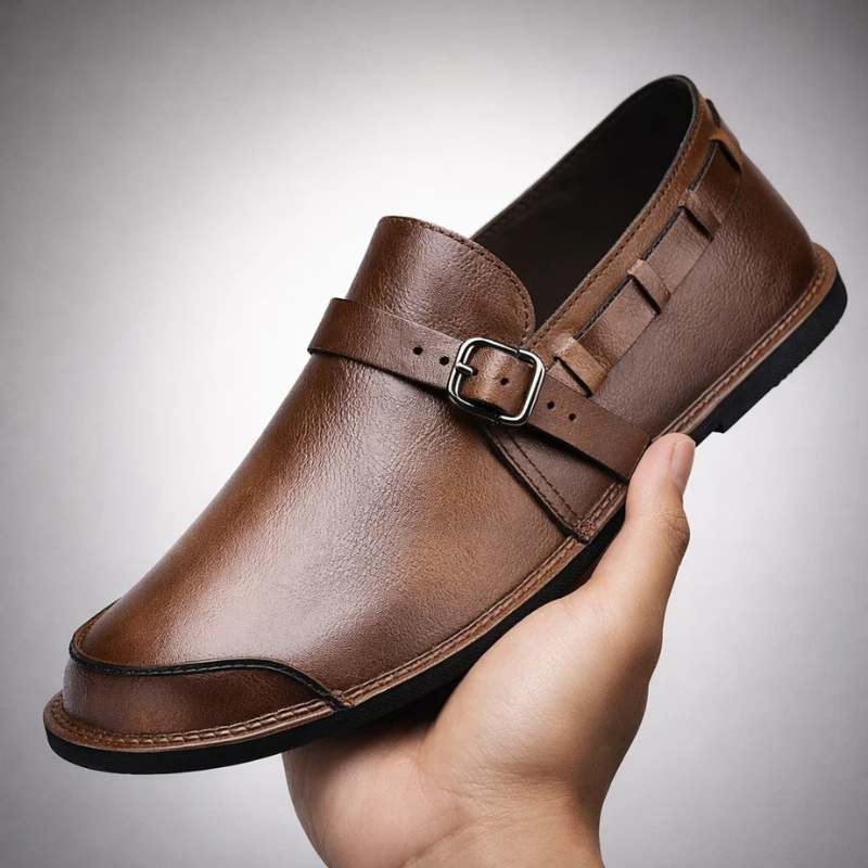 Smooth leather men's slip-on loafers, comfortable dress shoes for formal or casual occasions.