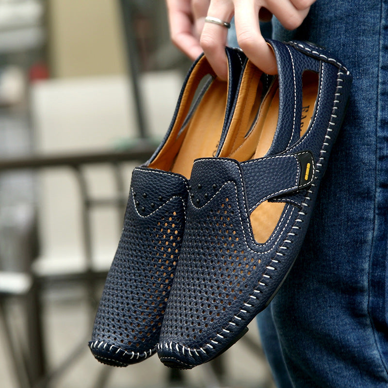 Stylish men's driving shoes, comfortable slip-ons with adjustable strap.