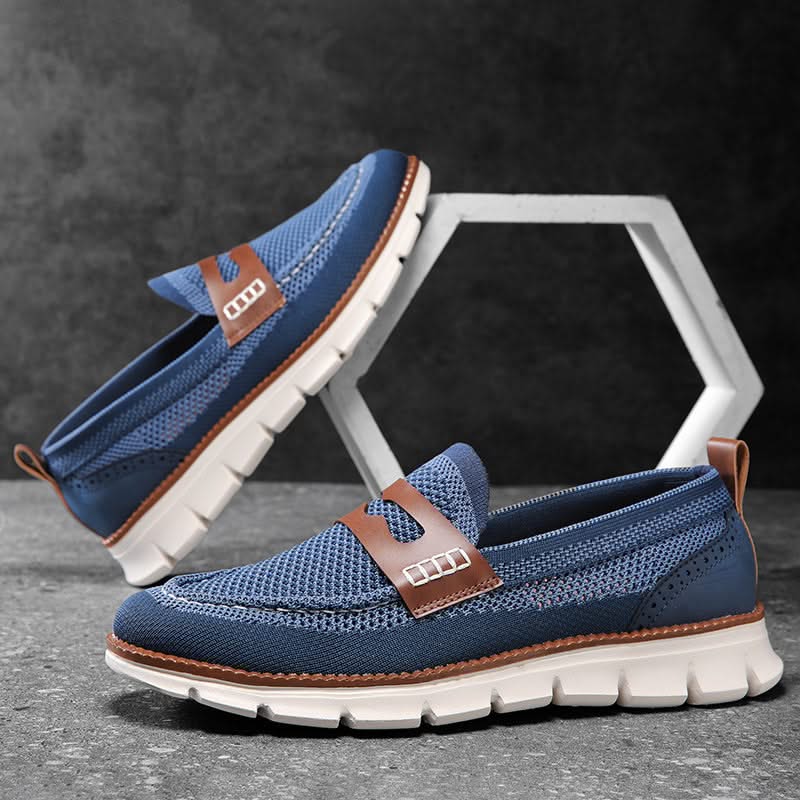 Blue men's breathable slip-on loafers, offering orthopedic support & all-day comfort.