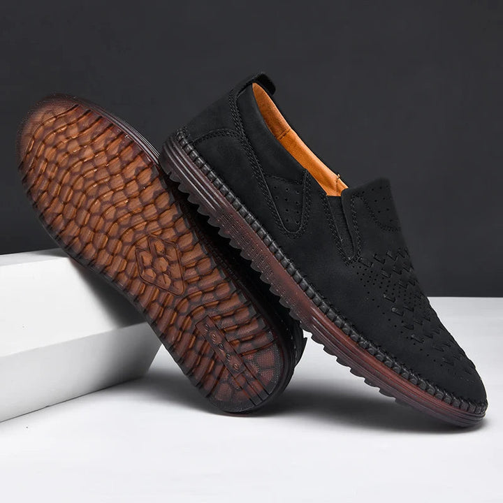 Breathable men's walking shoes: comfortable slip-on loafers with cushioning for everyday wear.