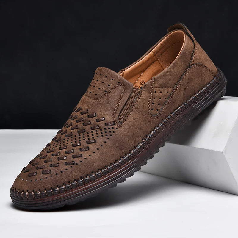 Stylish men's classic design slip-on loafers. Perforated upper for breathable, comfortable footwear.