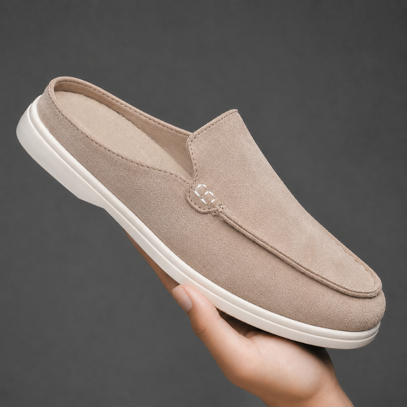 Brown leather men's slip-on mule loafers, offering comfortable, stylish footwear for casual summer fashion.