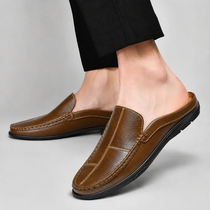 Black men's open-back slip-on mules, providing ultimate comfort and casual style for daily use.