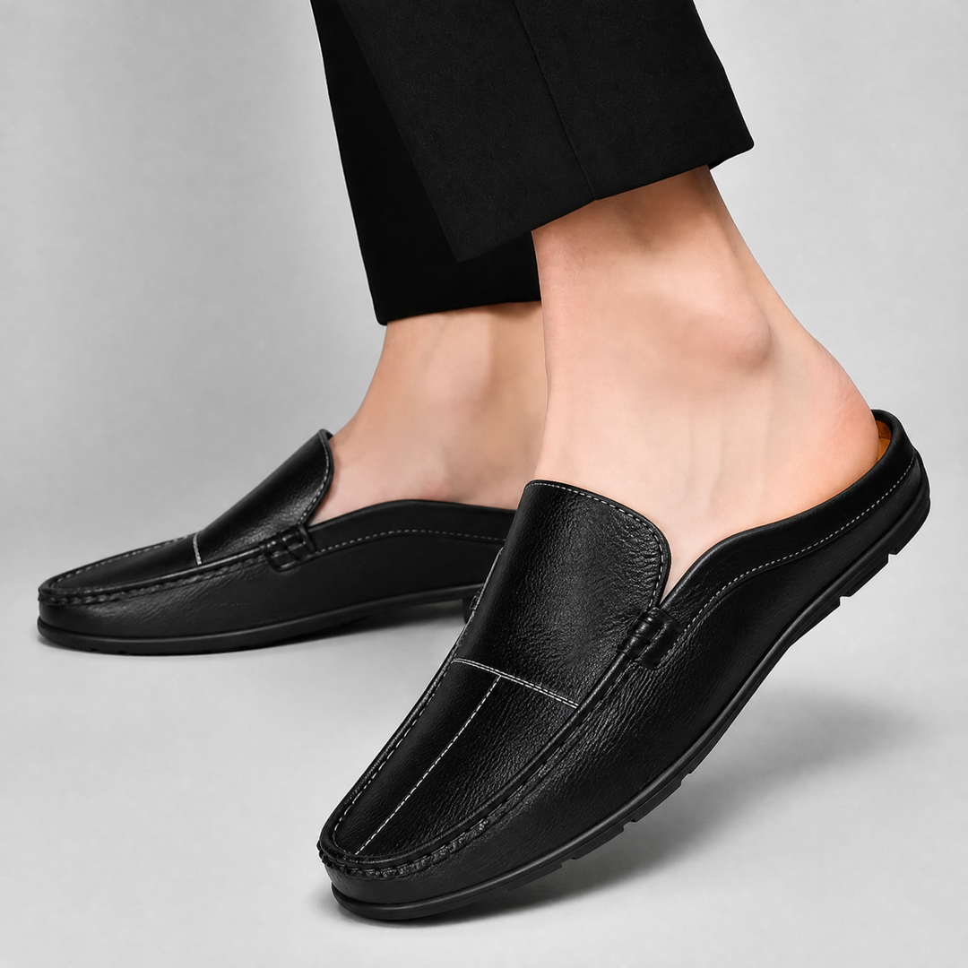 Easy slip-on men's mules; comfortable and casual footwear for everyday wear, featuring an open back.