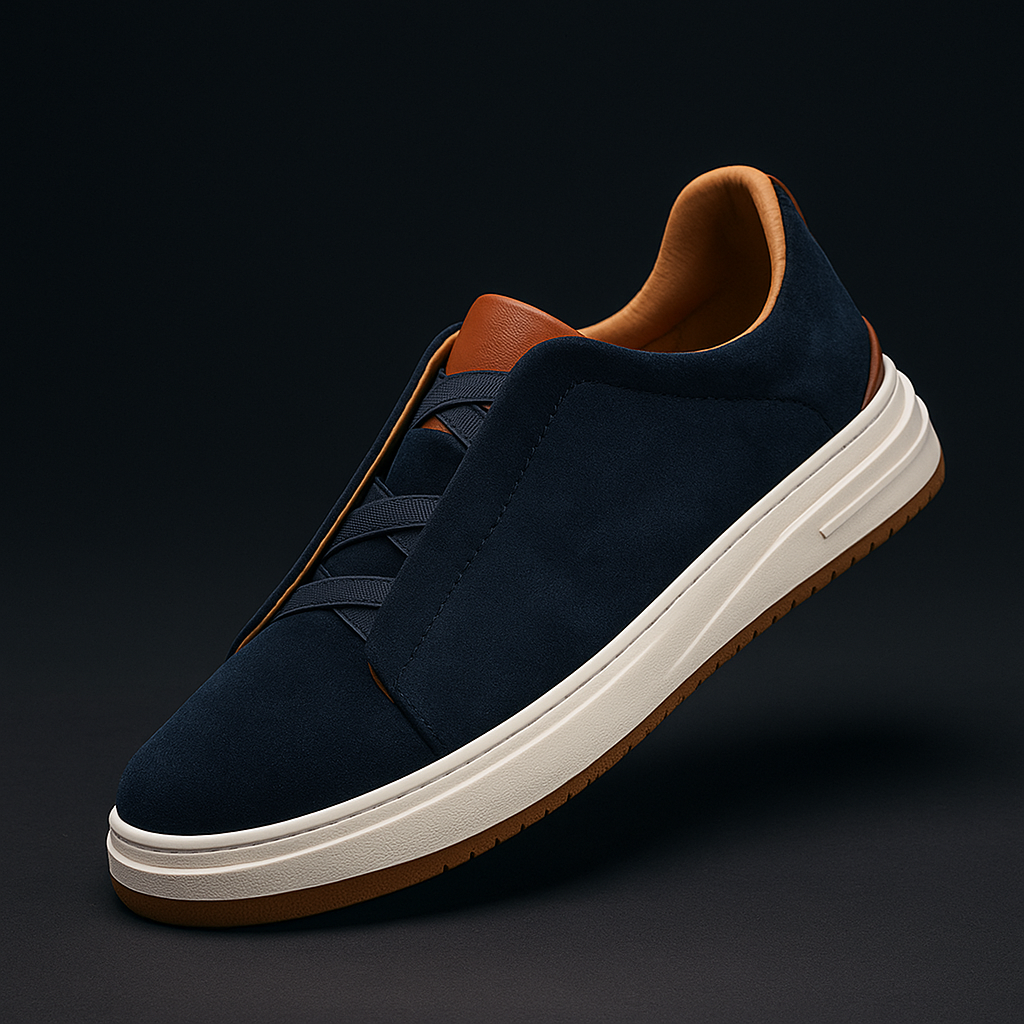 Khaki men's casual slip-on sneakers, designed for comfort & everyday walking.