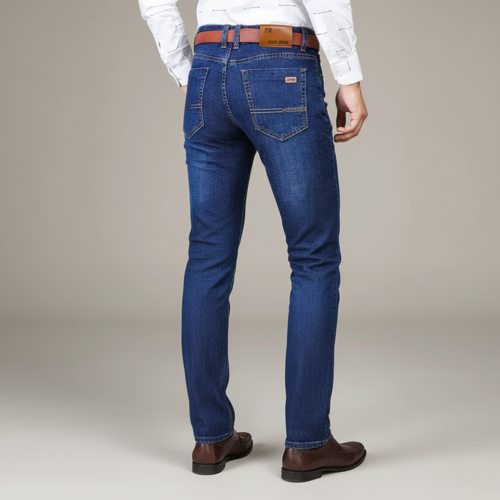 Men's apparel straight fit denim jeans offering comfort and durability