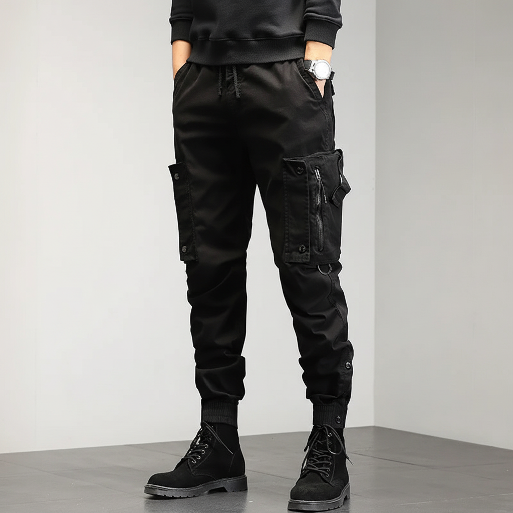 Close-up of men's utility cargo pants fabric, showing stretch material and pocket detail