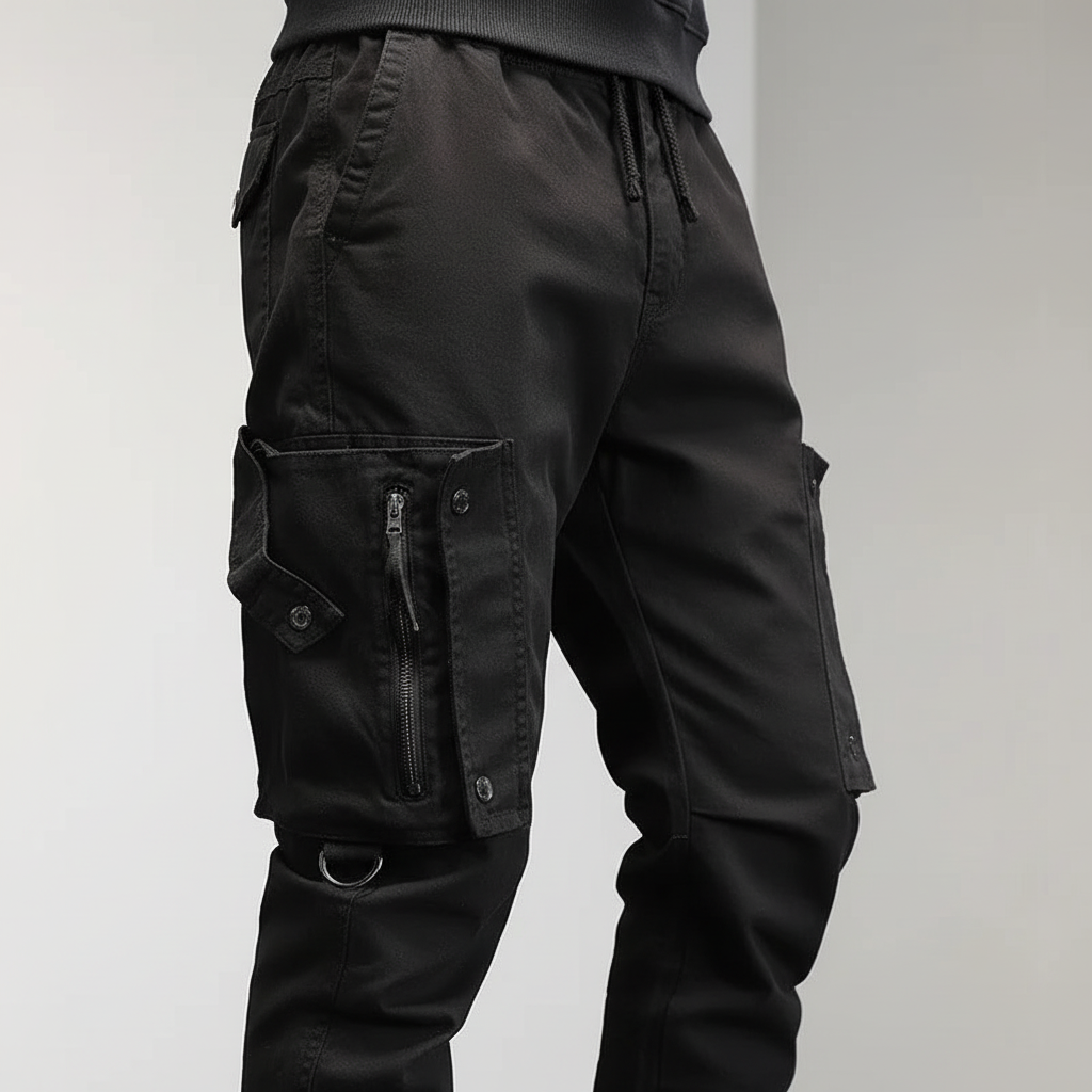 Man wearing slim-fit stretch cargo trousers in a casual outdoor setting, comfortable and versatile