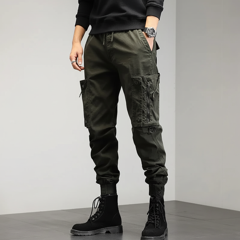 Men's fashion: Modern stretch cargo pants in dark grey, perfect for everyday casual wear