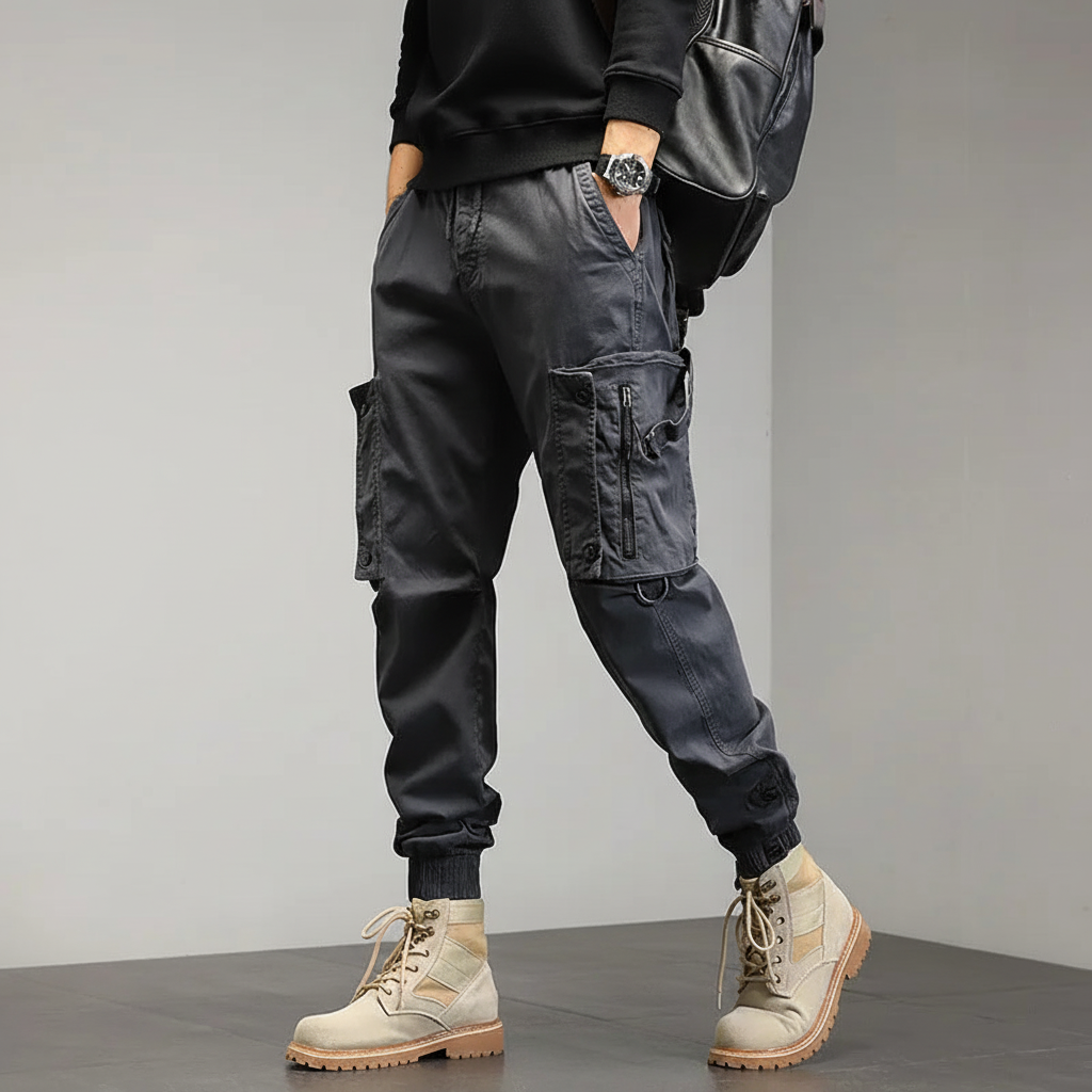 Back view of men's comfortable stretch cargo trousers, showcasing fit and pocket design