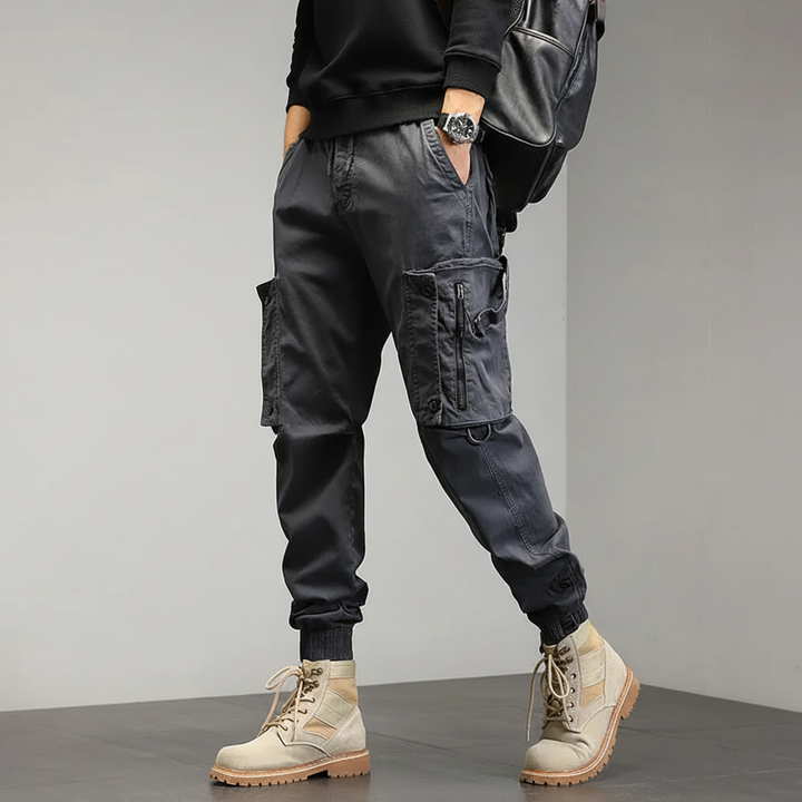 Back view of men's comfortable stretch cargo trousers, showcasing fit and pocket design