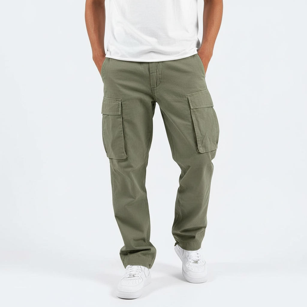 Durable men's cargo trousers in a modern tapered fit, great for casual style