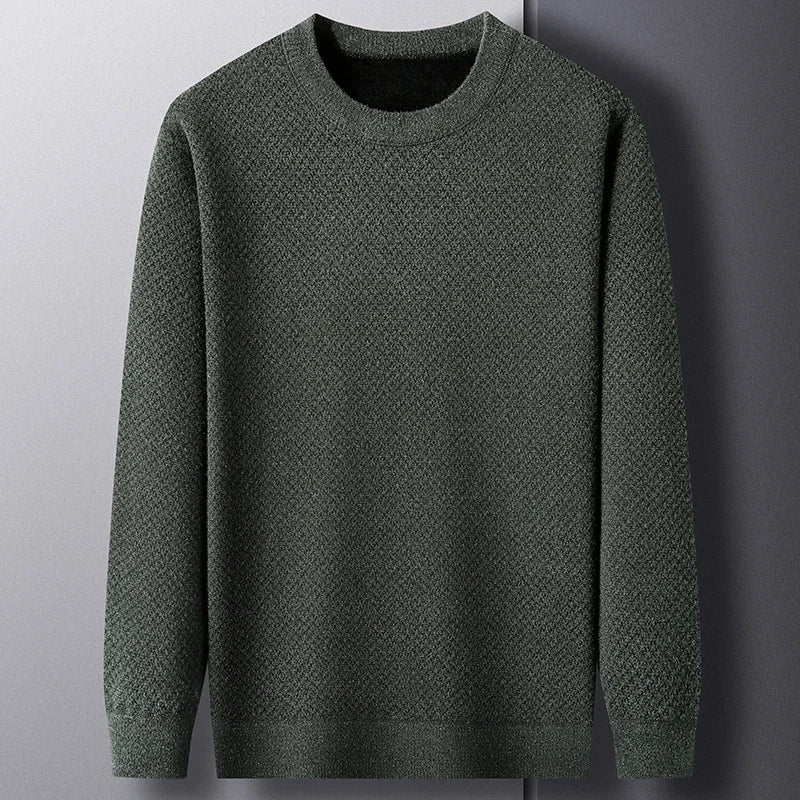 Close-up of a men's comfortable textured knit sweater showcasing its unique, warm fabric and long-sleeve design.