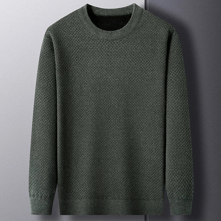 Close-up of a men's comfortable textured knit sweater showcasing its unique, warm fabric and long-sleeve design.