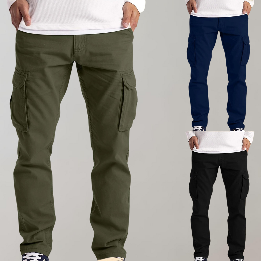 Multi-pocket men's cargo pants, crafted from comfortable polyester. Perfect for utility and outdoor use.