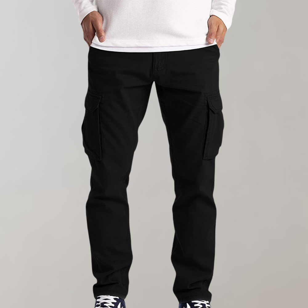 Relaxed fit polyester men's cargo trousers. Comfortable, practical, and stylish for daily wear & utility.