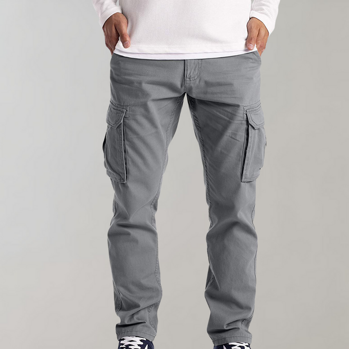 Men's comfortable utility cargo trousers in action, perfect for outdoor activities & active lifestyles.