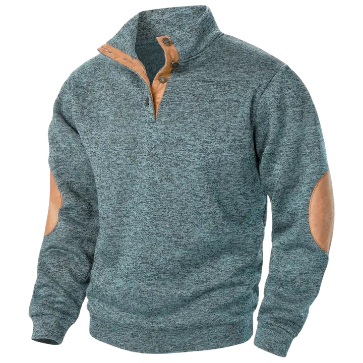 Close-up of comfortable men's winter knit sweater, showing warm texture & classic crew neck design.