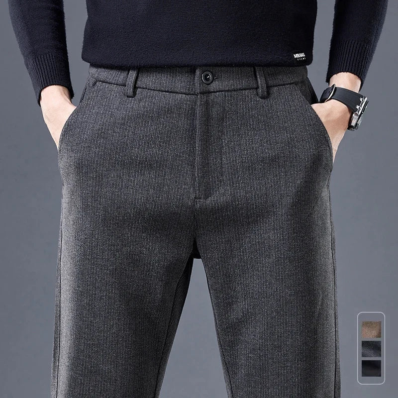 Men's contour fit tailored comfort pants, wrinkle-free stretch for versatile style.