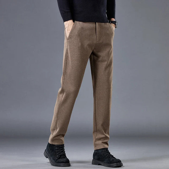 Khaki men's comfort fit pants, tailored & wrinkle-free, perfect versatile casual wear.