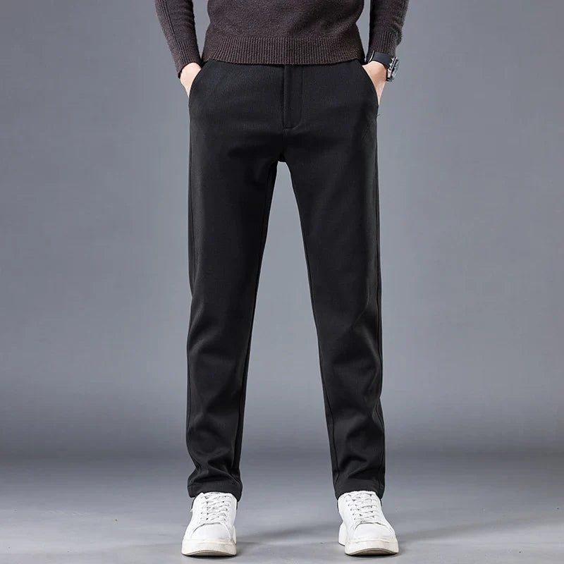 Versatile men's tailored contour fit pants for dress or casual wear, wrinkle-free & comfortable.