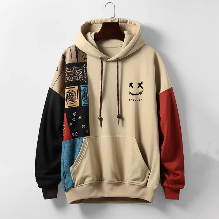 Men's contrast panel hoodie, dynamic style pullover. Comfortable, relaxed fit streetwear for bold fashion outerwear.