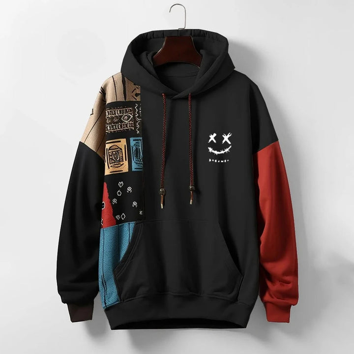 Comfortable men's contrast panel hoodie. Relaxed fit pullover, durable long sleeve for casual or streetwear.